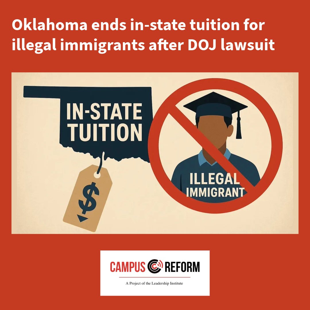 campusreform's tweet image. Oklahoma ends in-state tuition for illegal immigrants after DOJ lawsuit

Link in bio or read the story at bit.ly/4owFlmD

#oklahoma #ok #illegalimmigrant #immigration #doj #departmentofjustice #campusreform