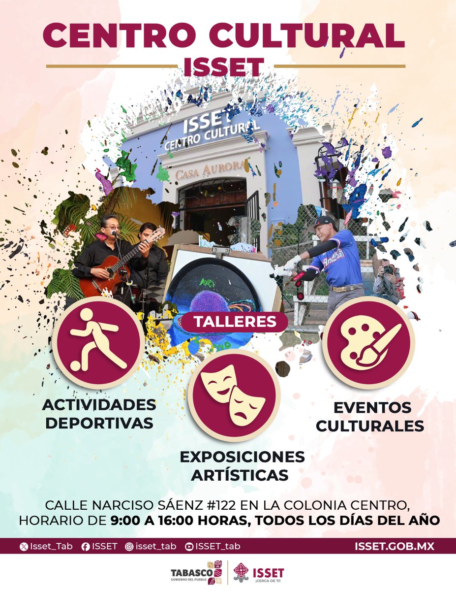 🎭✨ ¡Vive la cultura en el Centro Cultural ISSET! ✨🎨

¿Buscas un lugar donde el arte, la cultura y el deporte se encuentren? ¡Este es tu espacio!

📍 Visítanos en: Calle Narciso Sáenz #122, Colonia Centro.
🕗 Horario: 8:00 a 16:00 hrs – ¡Abierto los 365 días del año!