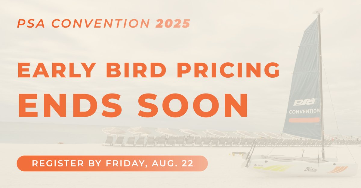 ‼️Early bird pricing for #PSAConvention ends NEXT WEEK, so don't miss out!

Register for Convention today to join your network in Oceanside at a discounted price. The cost to register will increase after Friday, Aug. 22.

Register now to save: web.cvent.com/event/1224387b…