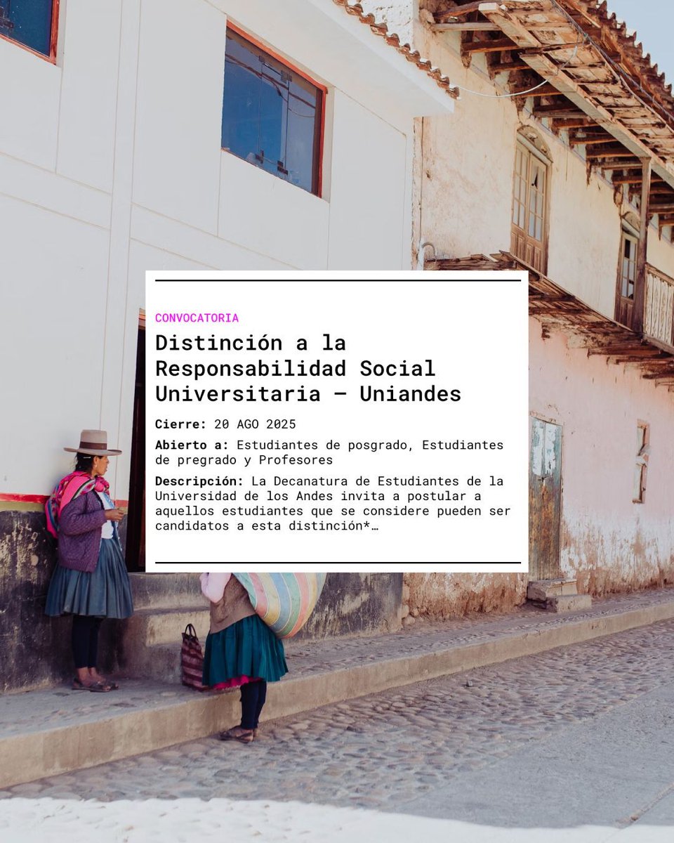 #ClasificadosARQDIS | La Decanatura de Estudiantes de Uniandes invita a postular —antes del 20 de agosto— a estudiantes que se considere pueden ser candidatos a la Distinción a la Responsabilidad Social Universitaria. Más información en 👉 buff.ly/6dvZcwc