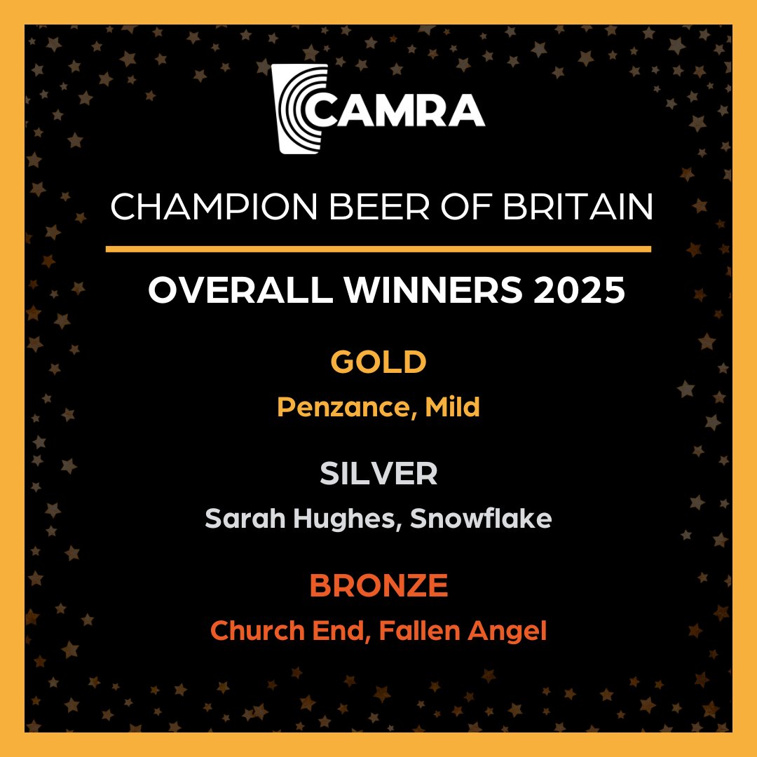 🏆 Congratulations once again to our amazing Champion Beer of Britain 2025 winners!

🥇 Mild by Penzance Brewing
🥈 Snowflake by Sarah Hughes <a href="/BeaconHotel/">Beacon Hotel Sedgley</a> 
🥉 Fallen Angel by <a href="/churchendbeer/">Church End Brewery</a> 

👉 Find all the category winners on <a href="/WBOnline_/">What's Brewing</a> here: orlo.uk/pJOio