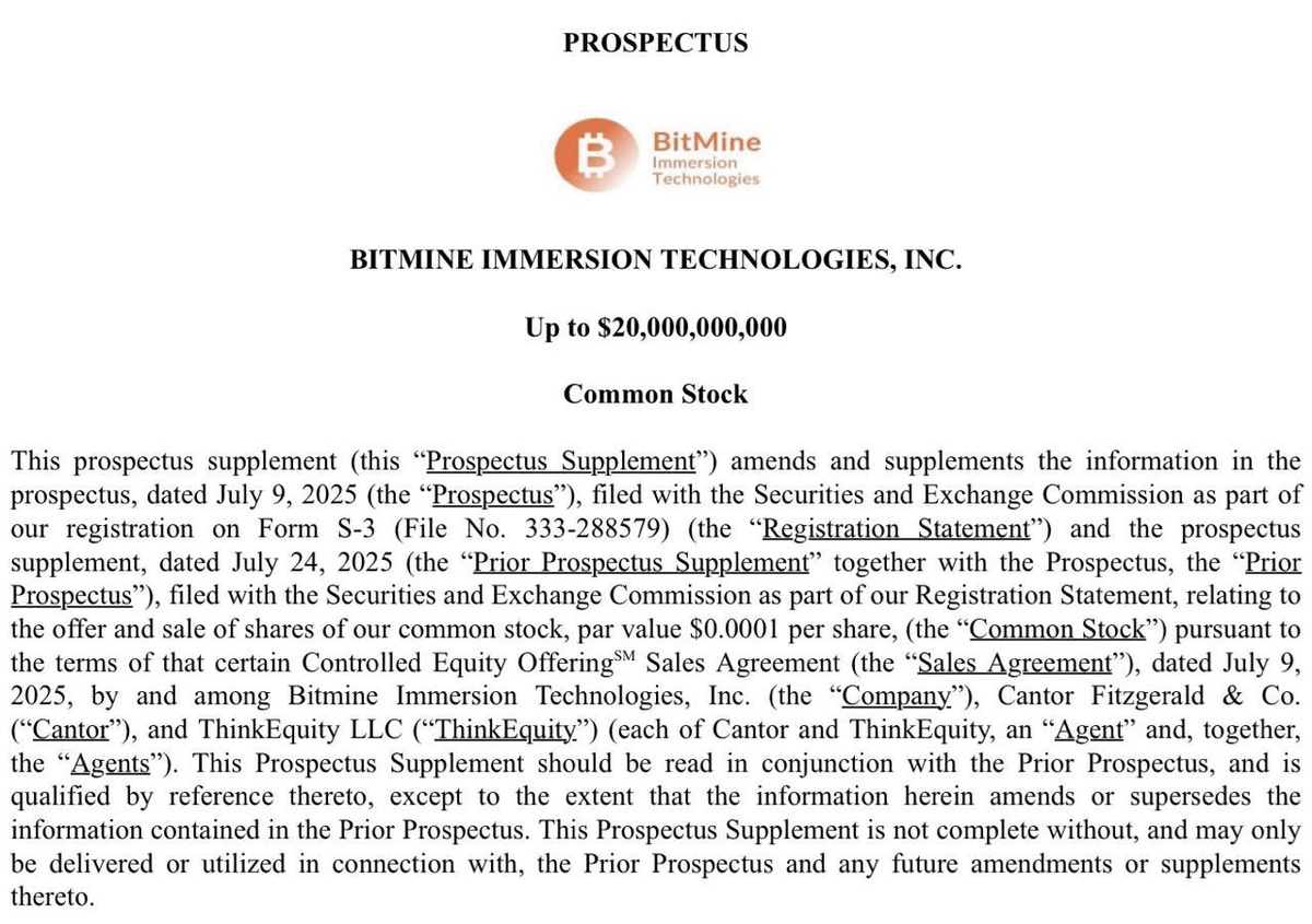 🚨 BREAKING:

BITMINE IMMERSION TECH IS PLANNING TO RAISE $20 BILLION TO BUY $ETH.

Last time ETH treasury companies bought $10B ETH, it pumped $2000 -&gt; $4500

Imagine what a $20B buy will do.

$15,000 ETH IS PROGRAMMED.