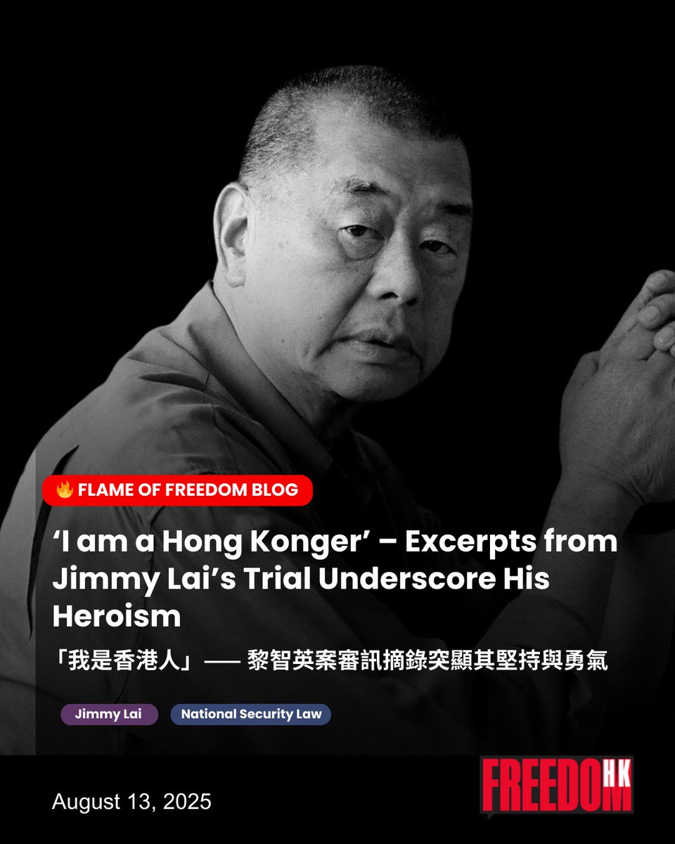 thecfhk's tweet photo. 🔥FLAME OF FREEDOM: As closing arguments in #JimmyLai's sham national security trial begin on Thursday, we look back at some key trial exchanges that showcase his remarkable courage &amp; fortitude. 

#FreeJimmyLai
#wearejimmylai

https://t.co/nuqtJ3qImv https://t.co/HvWAG0ntAS