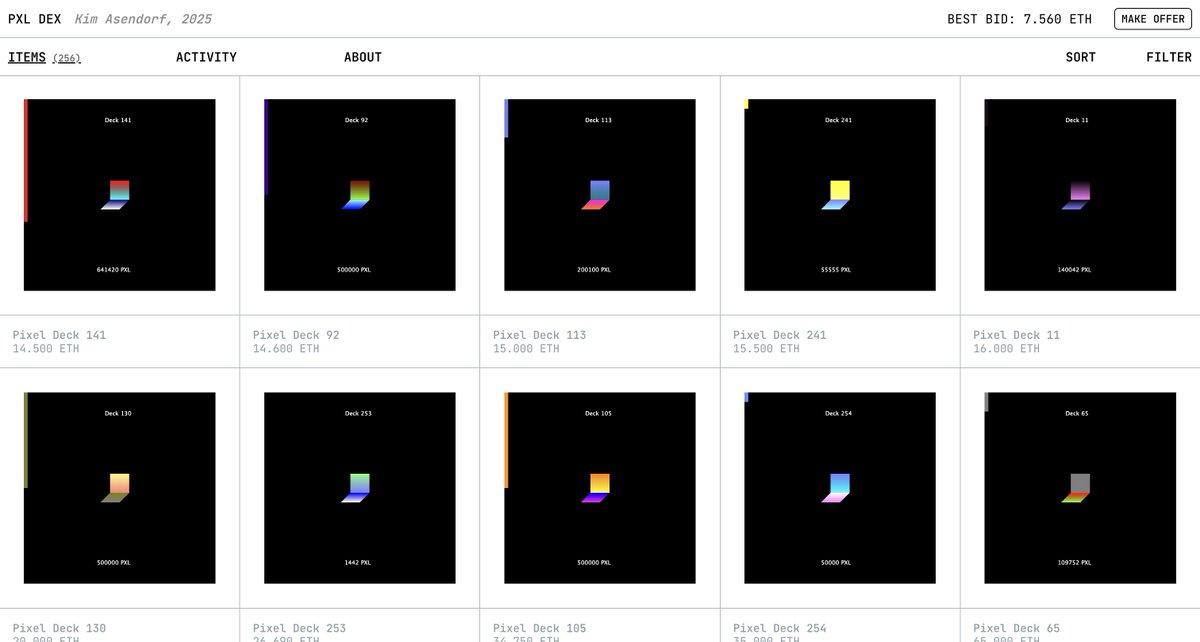 L: <a href="/kimasendorf/">KiM ASENDORF</a>'s artist profile
R: his PXL DEX series page

both screenshots from the new digital art marketplace we're launching soon