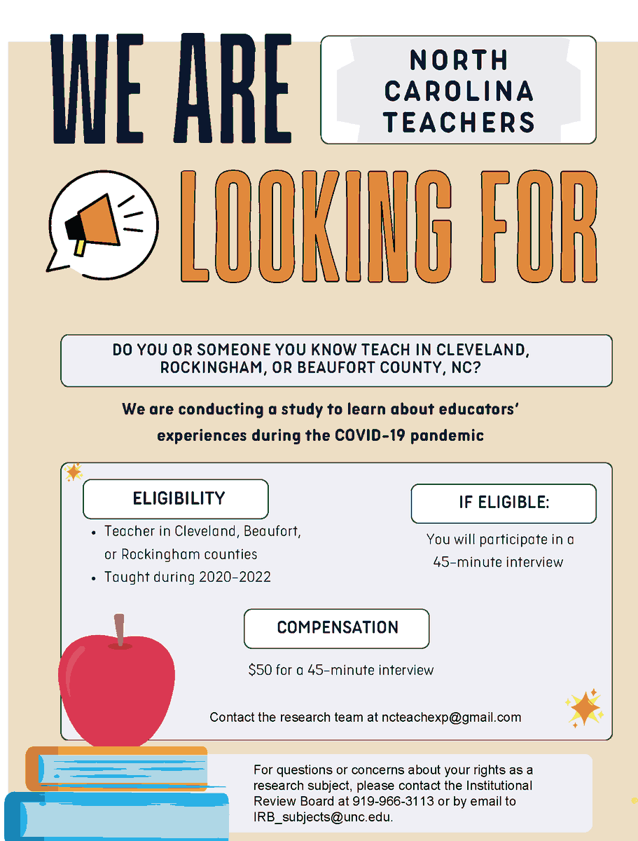SEL4NC (@sel4nc) on Twitter photo NC teachers! π’ If you taught in Cleveland, Rockingham, or Beaufort Co. during 2020β2022, join a 45-min Zoom interview about your experiences. $50 for your time. Email ncteachexp@gmail.com to learn more. NC teachers! π’ If you taught in Cleveland, Rockingham, or Beaufort Co. during 2020β2022, join a 45-min Zoom interview about your experiences. $50 for your time. Email ncteachexp@gmail.com to learn more.