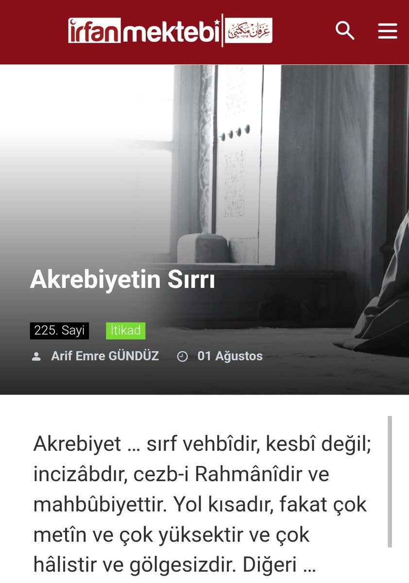 "Akrebiyetin Sırrı" başlıklı makalem <a href="/irfanmektebi/">İrfan Mektebi</a> Dergisi Ağustos 2025 sayısında