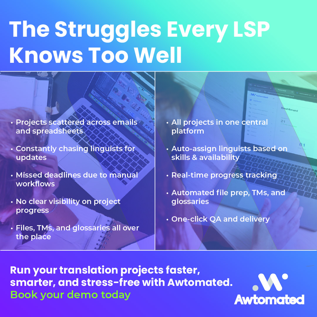 awtomated's tweet photo. Scattered projects. Missed deadlines. Endless follow-ups.
LSP life is messy - until you use Awtomated.
All-in-one. All under control.
#LanguageServiceProvider #TranslationManagement #LanguageIndustry #ProjectManagement #TranslationBusiness #LocalizationIndustry #Awtomated  #LSP https://t.co/7tucxacQLk