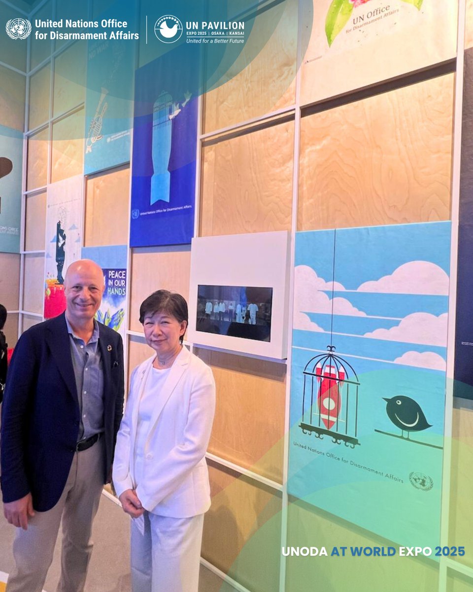 ODA (@un_disarmament) on Twitter photo High Representative <a href="/INakamitsu/">Izumi Nakamitsu</a> and Assistant Secretary-General <a href="/MaherNasserUN/">Maher Nasser</a> visited UNODA’s exhibit at the UN Pavilion in <a href="/expo2025japan/">Expo 2025 Osaka Kansai</a>. The installation showcases personal perspectives on disarmament through the #MyDisarmamentStory series, and a collection of 12 posters. High Representative <a href="/INakamitsu/">Izumi Nakamitsu</a> and Assistant Secretary-General <a href="/MaherNasserUN/">Maher Nasser</a> visited UNODA’s exhibit at the UN Pavilion in <a href="/expo2025japan/">Expo 2025 Osaka Kansai</a>. The installation showcases personal perspectives on disarmament through the #MyDisarmamentStory series, and a collection of 12 posters.