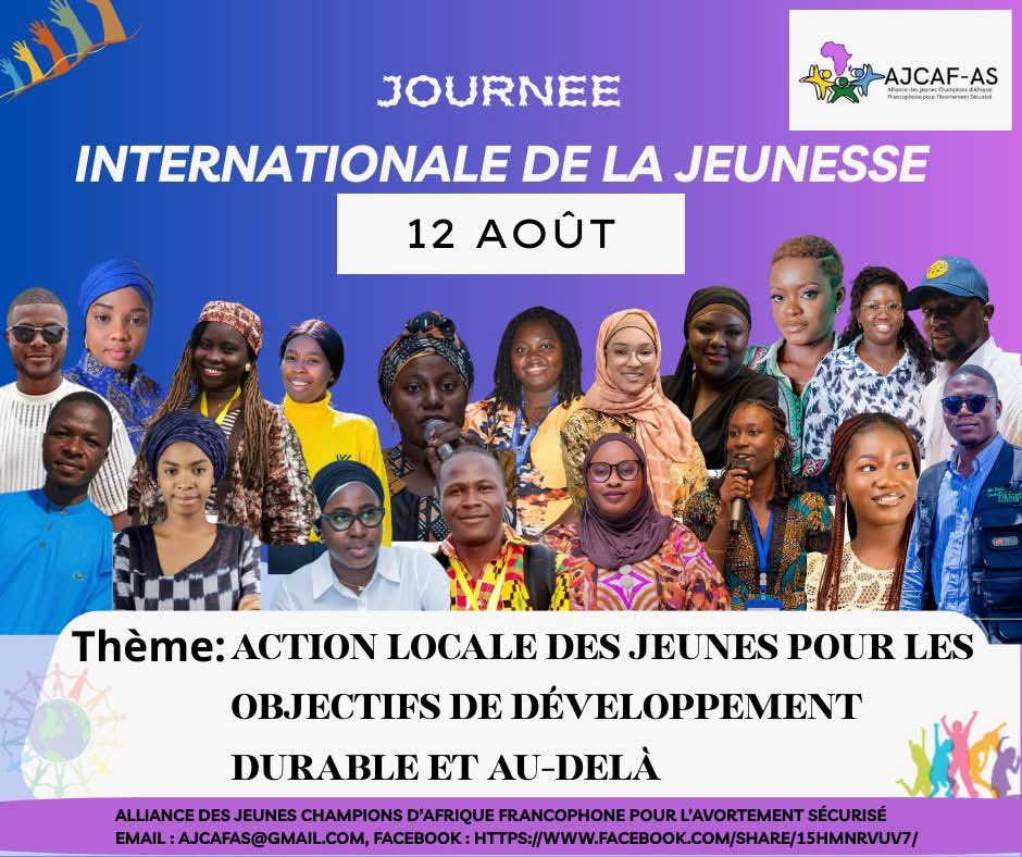 #JIJ2025

Aujourd'hui, nous célébrons la force et la créativité des jeunes🎊

Nous, membres de l'AJCAF-AS, réaffirmons notre engagement pour un avenir où chaque jeune, et particulièrement chaque jeune femme a accès à ses droits en matière de #SSR y compris l'avortement sécurisé.