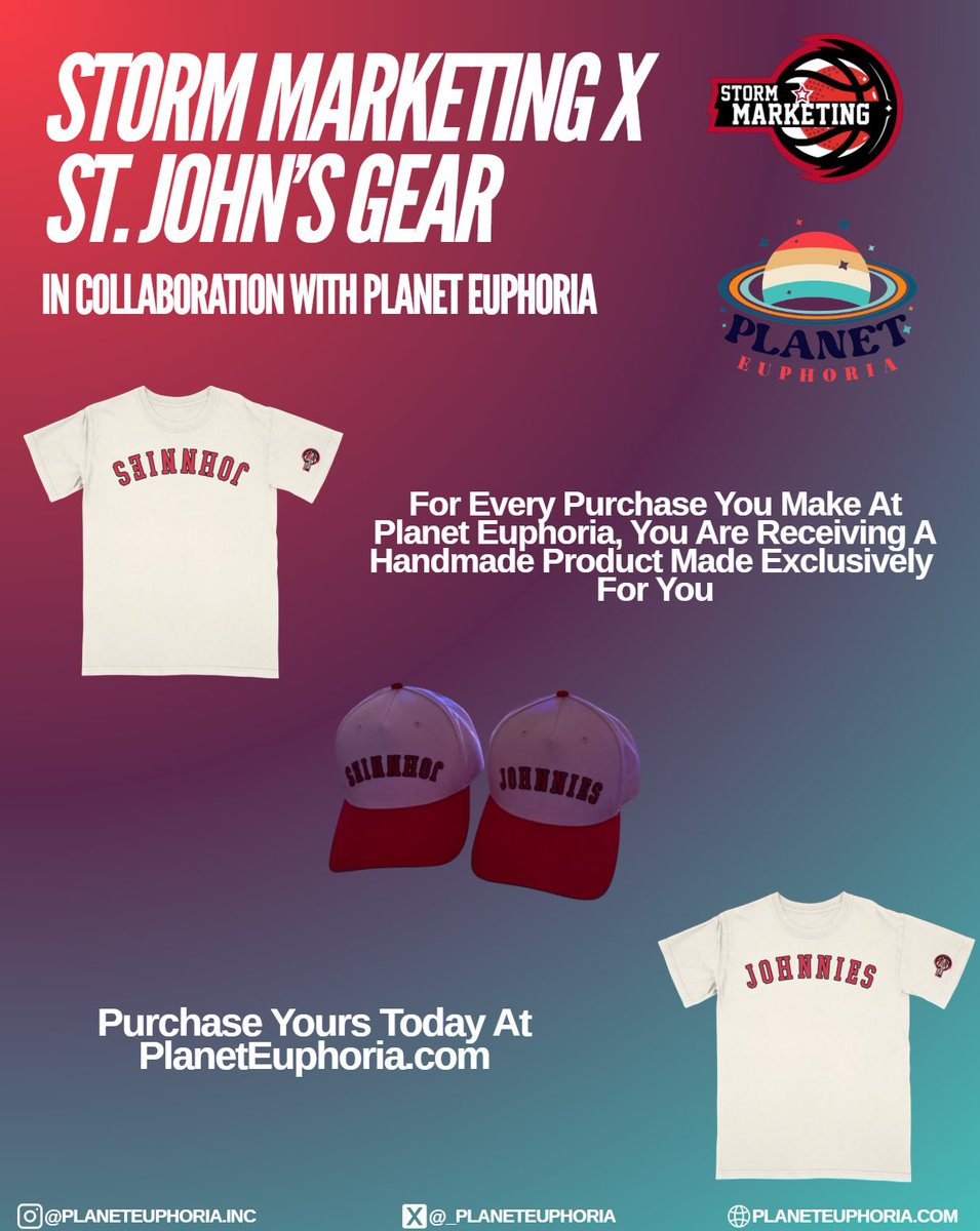 The official Storm Marketing X St. John’s Tees and Hats, in collaboration with Planet Euphoria, are available!

Order yours today at Planeteuphoria.com or by clicking the link in our bio

#StJohns #RedStorm #WeAreNewYorksTeam #NYC #NIL