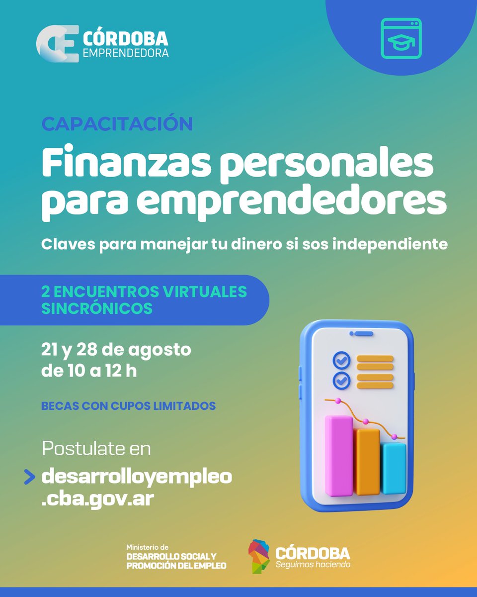 ¿Tenés un emprendimiento y querés mejorar tus finanzas? 🚀 

✅ Sumate al curso virtual de #CórdobaEmprendedora y aprendé a organizar tus ingresos y tomar decisiones que hagan rendir tu dinero.

🎯 Postulate: docs.google.com/forms/d/e/1FAI…