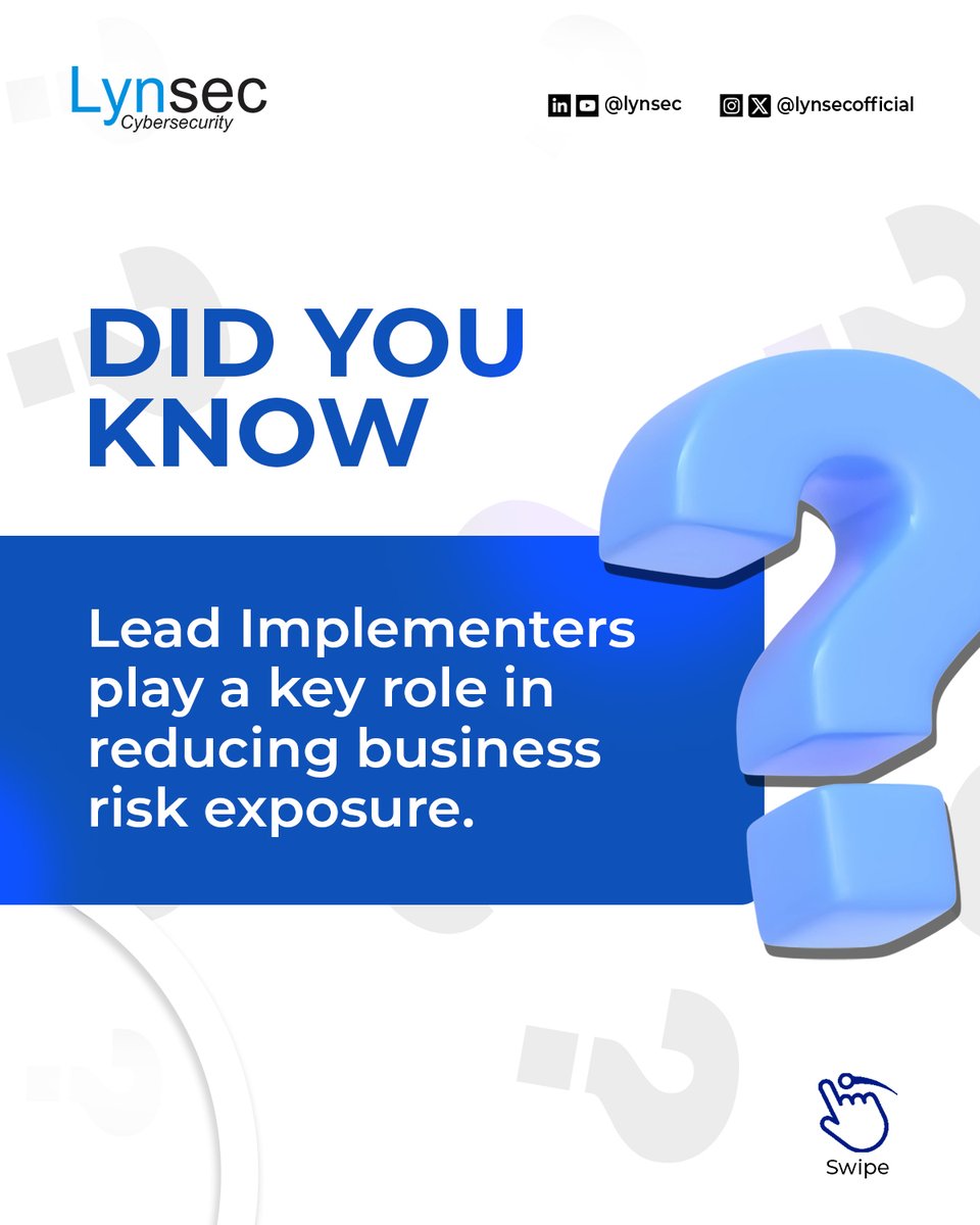 lynsecofficial's tweet image. # DidYouKnow - Lead Implementers play a critical role in reducing organisational risk exposure.

In today’s digital landscape, they’re the ones who design, implement, and enforce systems that protect businesses from cyber threats.

#LynsecTraining #CyberSecurityCertification