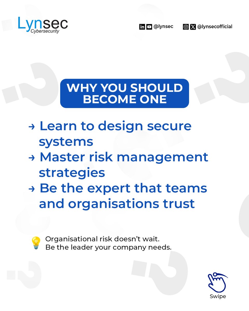 lynsecofficial's tweet image. # DidYouKnow - Lead Implementers play a critical role in reducing organisational risk exposure.

In today’s digital landscape, they’re the ones who design, implement, and enforce systems that protect businesses from cyber threats.

#LynsecTraining #CyberSecurityCertification