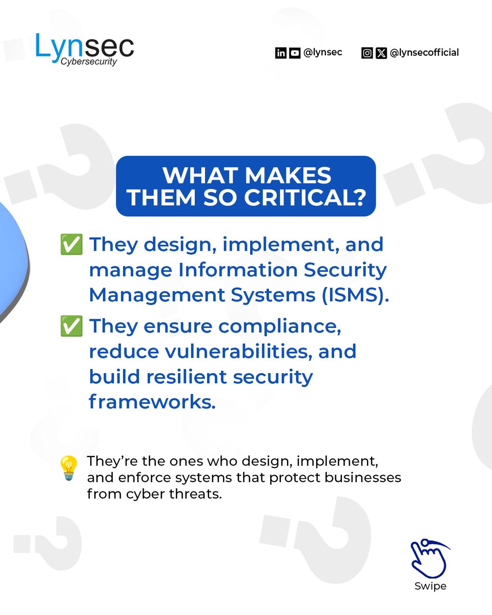 lynsecofficial's tweet image. # DidYouKnow - Lead Implementers play a critical role in reducing organisational risk exposure.

In today’s digital landscape, they’re the ones who design, implement, and enforce systems that protect businesses from cyber threats.

#LynsecTraining #CyberSecurityCertification