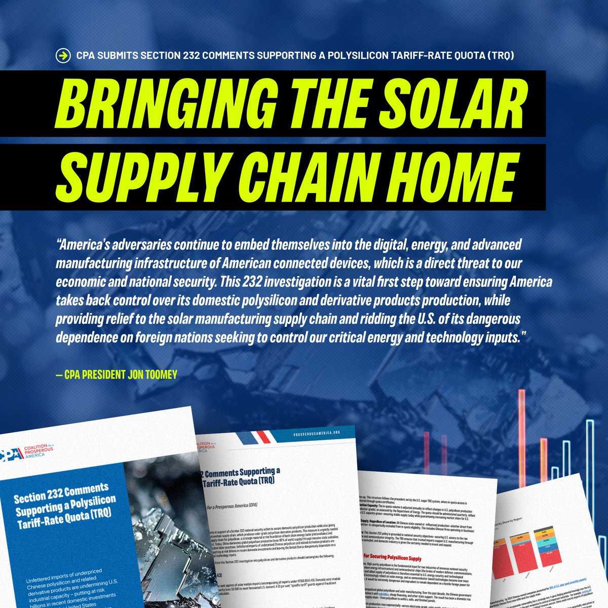 NEW: As part of a Section 232 national security investigation, CPA has submitted formal comments calling for a tariff-rate quota on polysilicon.

China’s global production share of the critical solar cell ingredient has skyrocketed to over 90% 📈

tinyurl.com/yfu6n5ez
