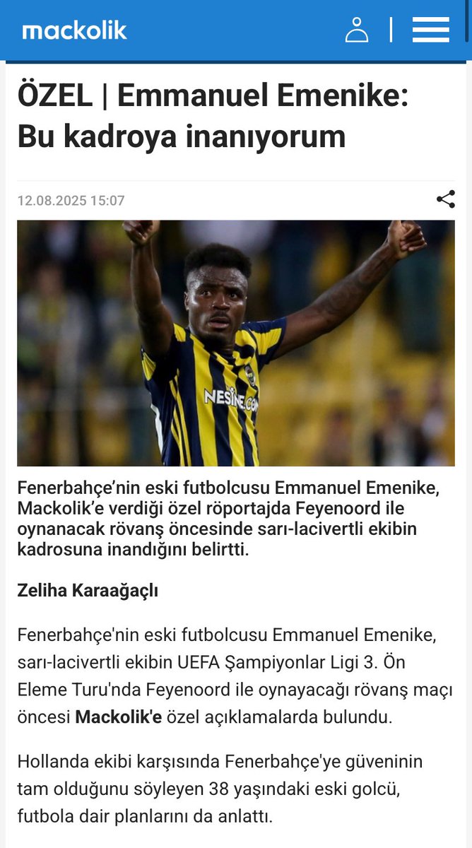 🎙️ Fenerbahçe’nin eski golcüsü Emenike ile Feyenoord maçı öncesi özel bir röportaj gerçekleştirdik.
📍Osimhen, Onuachu ve Ndidi hakkındaki değerlendirmeleri
📍Futbolu bıraktıktan sonraki hayatı
📍Jose Mourinho’ya dair görüşleri
mackolik.com/futbol/haber/e…