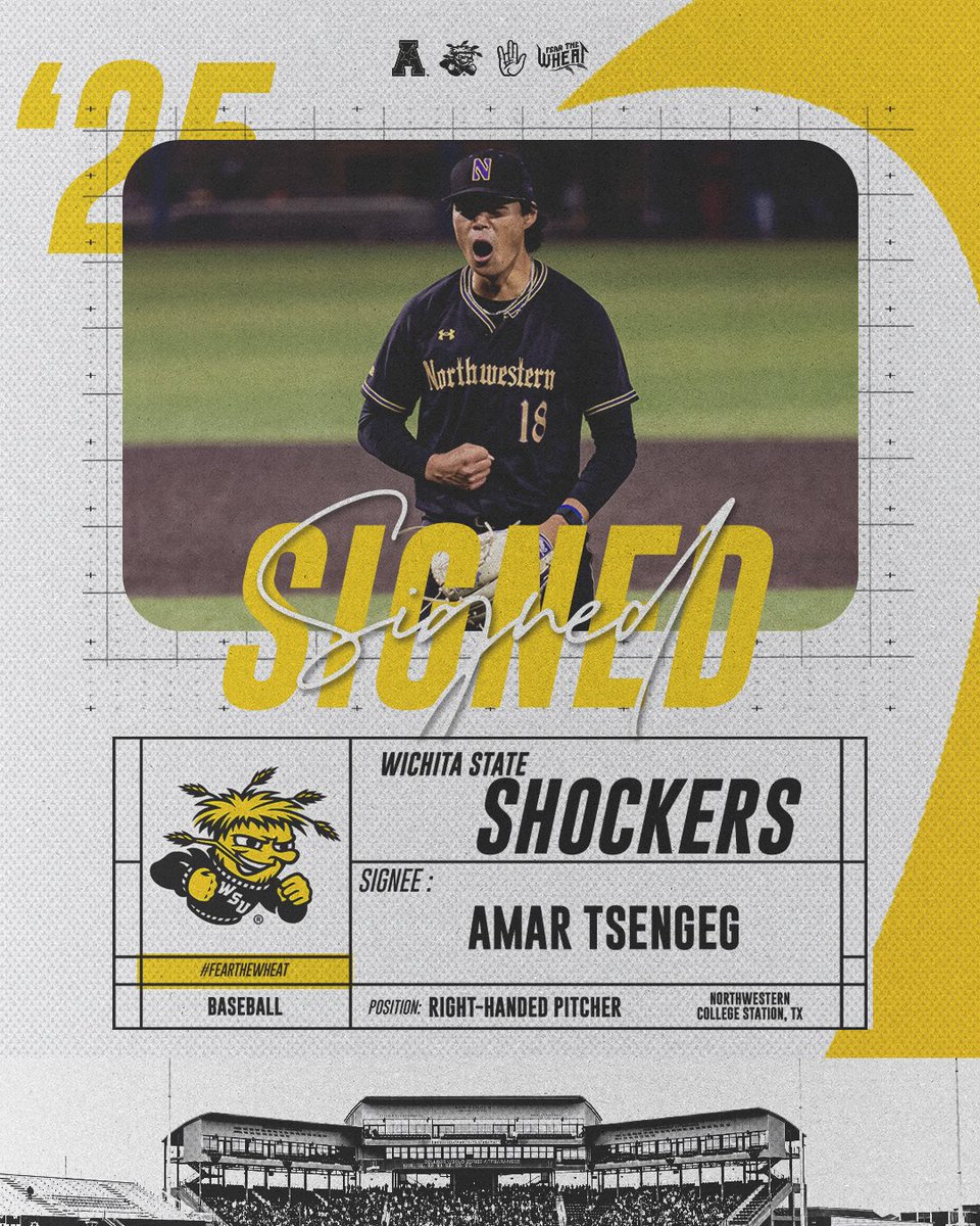 Wichita State Baseball (@goshockersbsb) on Twitter photo Another arm to the arsenal 💪
Northwestern transfer <a href="/amar_tsengeg/">Amar Tsengeg</a> puts pen to paper.
#FearTheWheat 🌾 Another arm to the arsenal 💪
Northwestern transfer <a href="/amar_tsengeg/">Amar Tsengeg</a> puts pen to paper.
#FearTheWheat 🌾