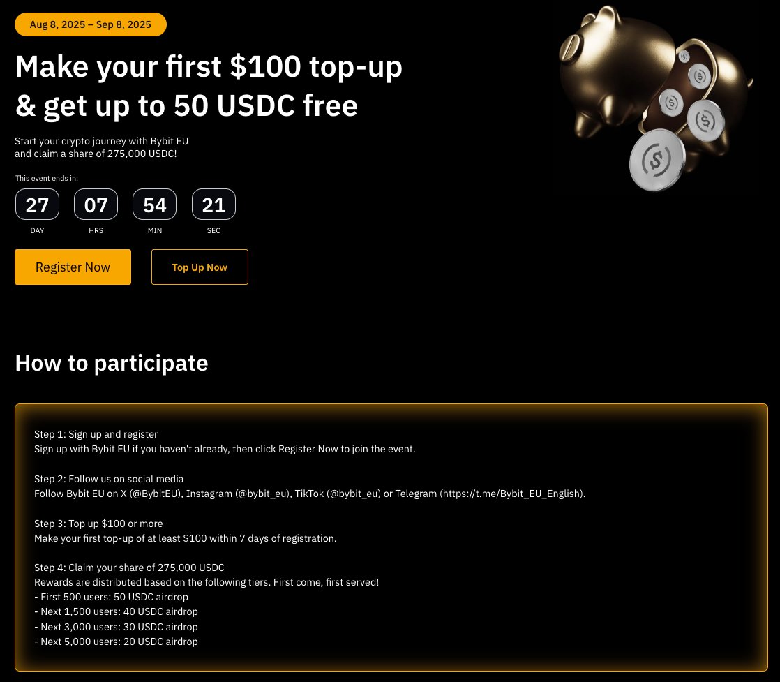 Jeśli chcecie dalej używać <a href="/Bybit_Official/">Bybit</a> to tak czy siak prędzej czy poźniej będziecie musieli przejść na Bybit EU.

Znowu pojawiła się fajna promocja bo za zrobienie konta i wpłatę 100$ dostajecie 50$.

Ważne że depozyt 100$ musisz zrobić w ciągu max 7 dni od rejestracji.

Ale