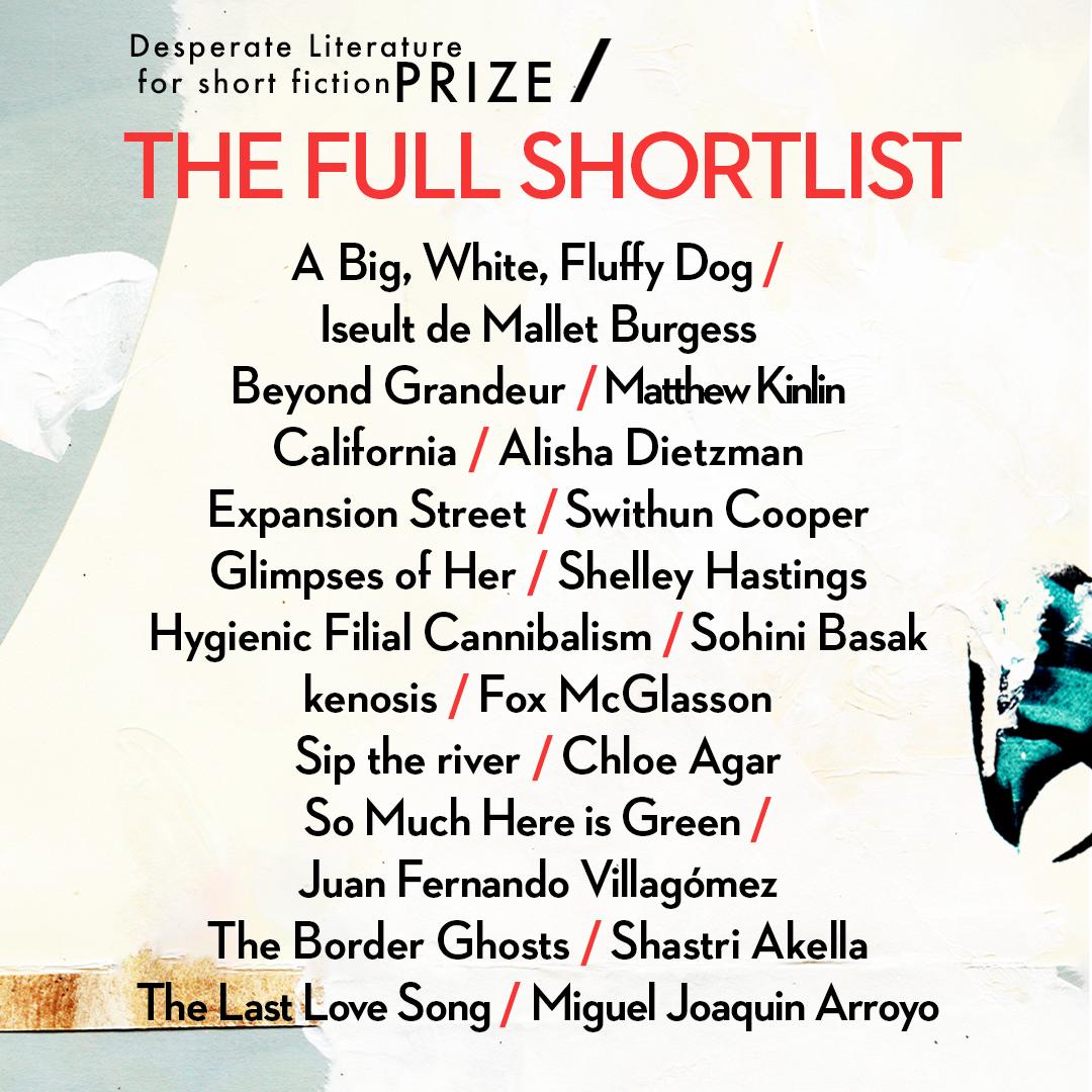 THE 2025 SHORTLIST:  
"Generous, soulful distillations. A tasting flight of prosaic kerosene. Each story ignited a flare in a forsaken corner of my mind. I can’t wait to experience more from these voices." —Henry Hoke, judge 

Get the pdf and pre-order the book on our website!