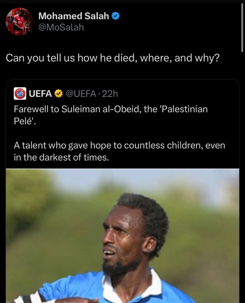 BREAKING 🚨🚨

After Mohamed Salah’s tweet in regards to the genocide in Gaza that is being orchestrated by the Israel Occupational Forces, UEFA established
partnerships with International charities providing vital humanitarian help for the children of Gaza.

Great News!!!