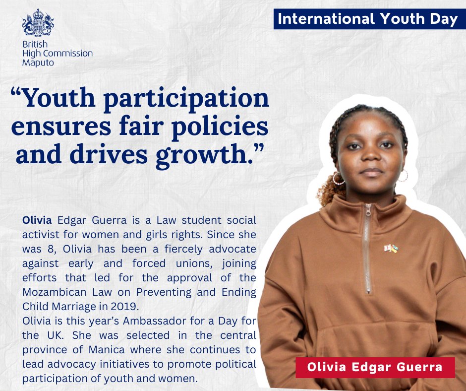 UKinMozambique's tweet photo. Olívia uses her voice to promote Children's rights and advocate for a fair and inclusive world for all since she was 8.

The Ambassador for a Day is an initiative to promote women’s equal &amp; effective participation in political decision-making processes as we go far &amp; go together. https://t.co/Doh56lsHeM