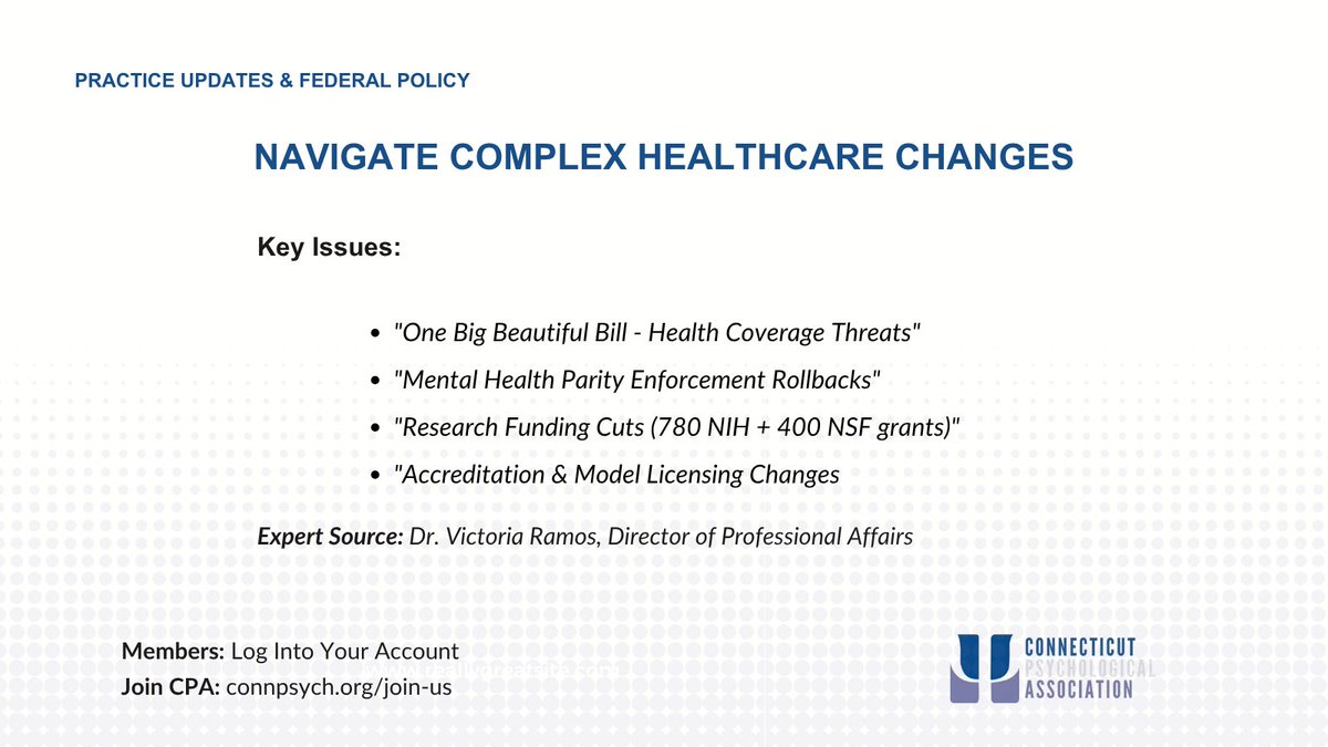 Federal policy changes impacting your practice? CPA newsletter delivers critical insights on health coverage threats, parity rollbacks &amp; research cuts. Stay informed with exclusive analysis. Full access: connpsych.org/join-us #PracticeUpdates #FederalPolicy