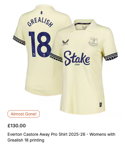 saywattharry's tweet photo. Hmm, why are all the ladies Everton @JackGrealish shirts running low already I wonder 🤔 #onefortheladies https://t.co/kQiaajWoeO