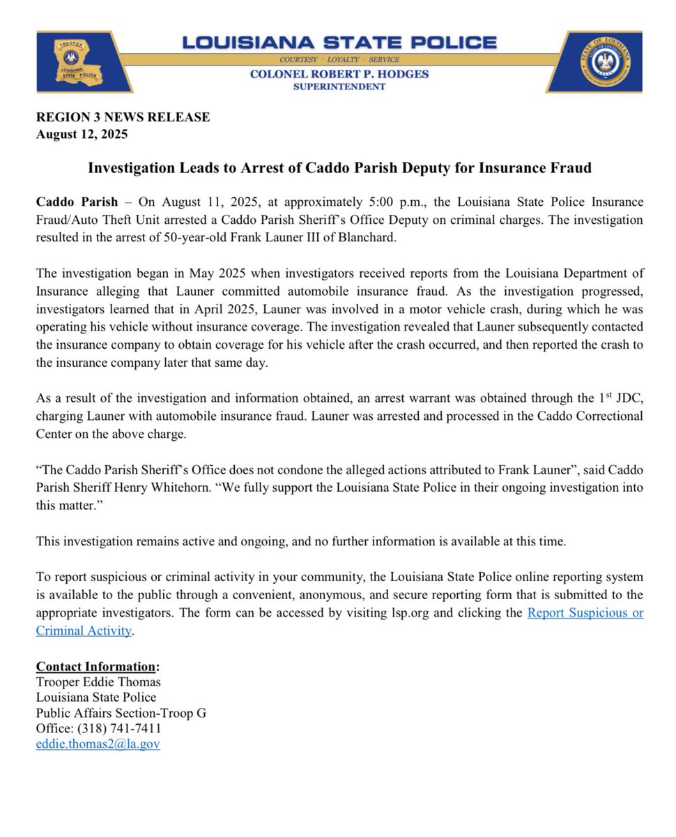 Investigation Leads to Arrest of Caddo Parish Deputy for Insurance Fraud