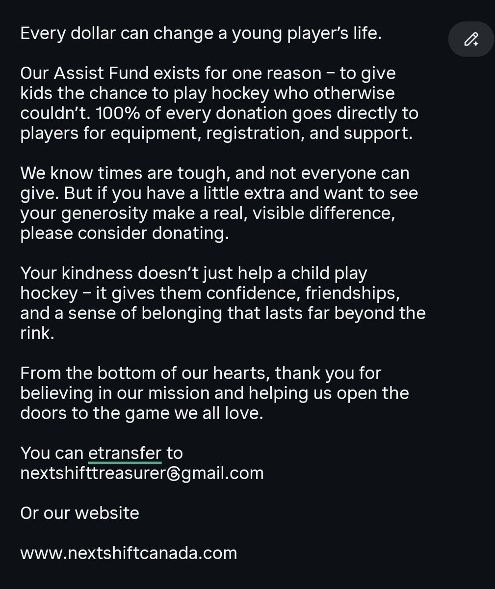 This year we have more people requesting and fewer funds as do all Canadians.  If you can donate thank you. We are the only group in Canada where 100% goes to the athletes, unlike every other hockey charity. 
Thank you for your consideration 
<a href="/CanadaShift/">NextShiftCanada</a> #GearUpGiveBack