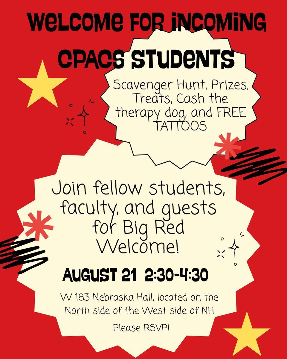 🌽 BIG RED Welcome for Incoming Lincoln CPACS Students! There will be people &amp; signs to help you find your way - please arrive at least 10 minutes early! RSVP here, please: buff.ly/3h1Z7Ze