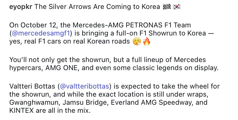 f1 showrun in korea on october 12 with mercedes.. hoping jeno can come 🙏