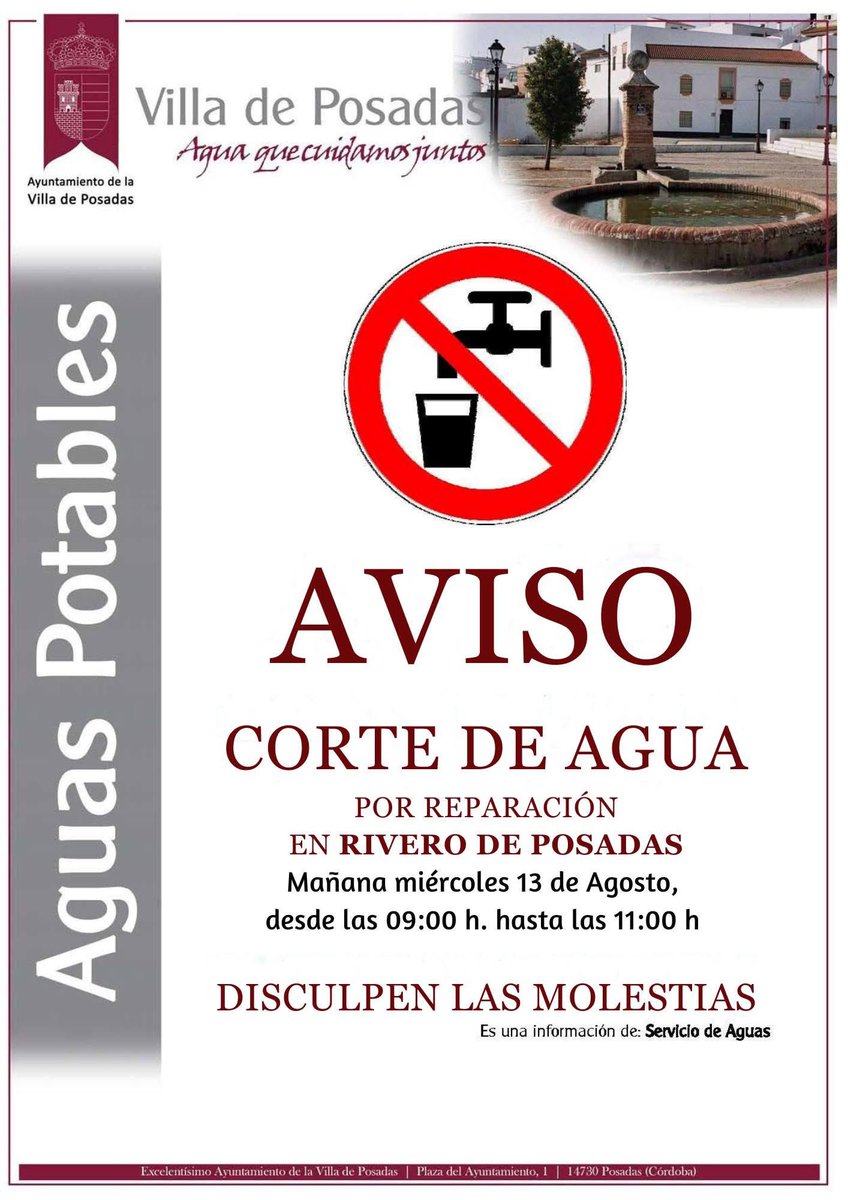 🚱CORTE DE AGUA POR REPARACIÓN EN RIVERO DE POSADAS.
🗓️Mañana Miércoles 
⌚️De 09.00 a 11.00 H.
🙏DISCULPEN LAS MOLESTIAS