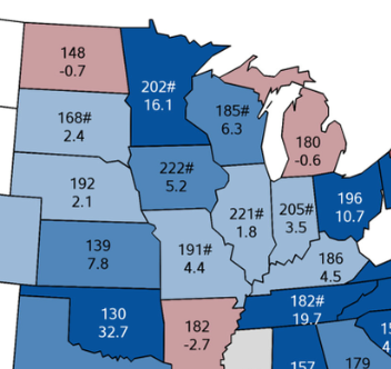 commodityweek's tweet photo. Half of the 12 corn belt states have record yield estimates denotes by the # sign. https://t.co/Y8cnyItjTf