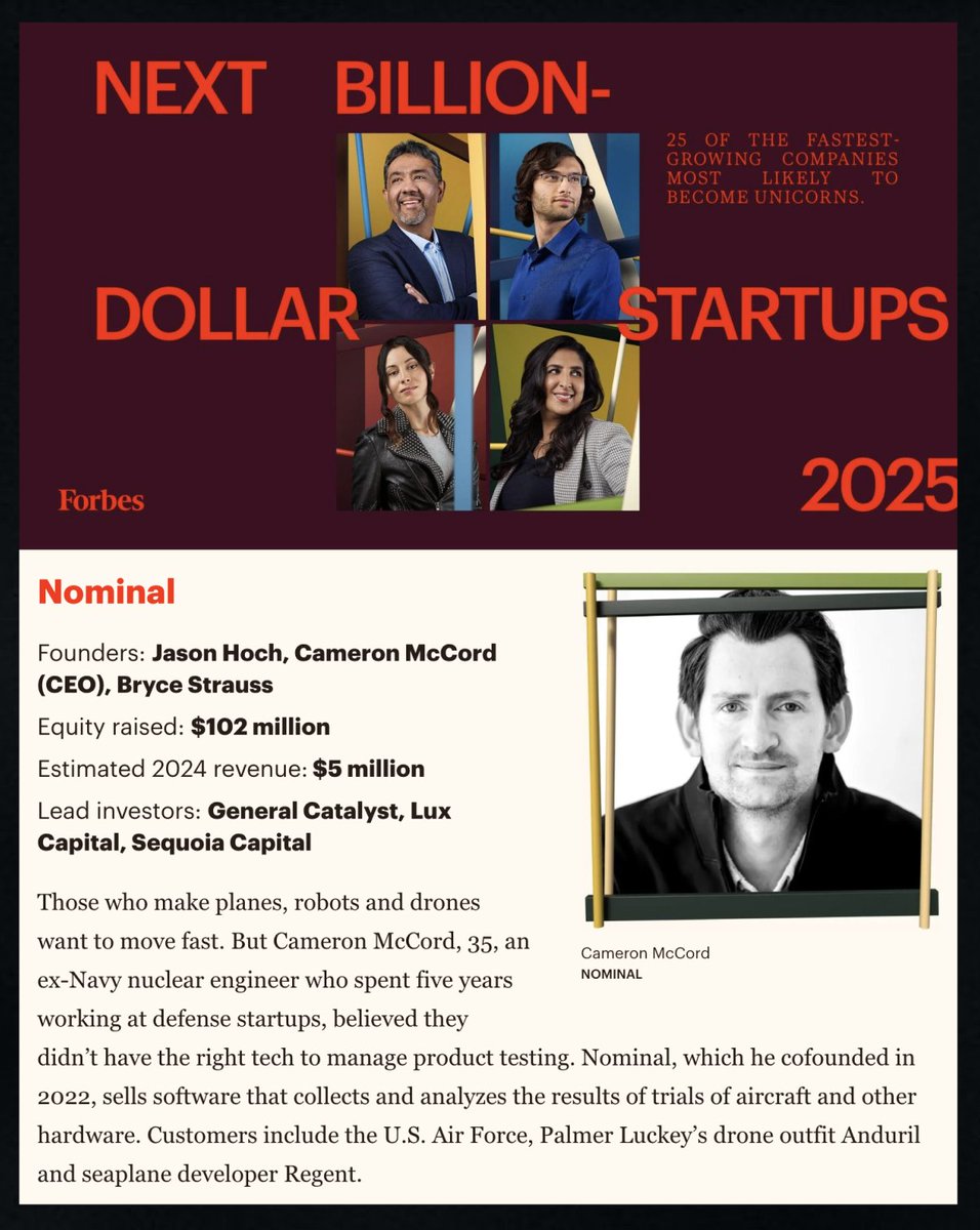 Nominal (@nominal_io) on Twitter photo Forbes just named Nominal to its Next Billion-Dollar Startups list!
It is a milestone we are proud of, but more importantly it reflects our massive mission: accelerating hardware test. 
Engineers in aerospace, energy, and robotics deserve a connected test stack to move faster, Forbes just named Nominal to its Next Billion-Dollar Startups list!
It is a milestone we are proud of, but more importantly it reflects our massive mission: accelerating hardware test. 
Engineers in aerospace, energy, and robotics deserve a connected test stack to move faster,