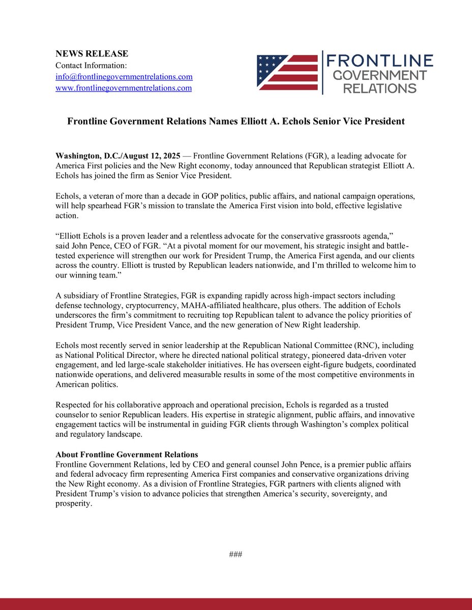 FGR is proud to announce that Republican strategist Elliott A. Echols has joined our firm as Senior Vice President.