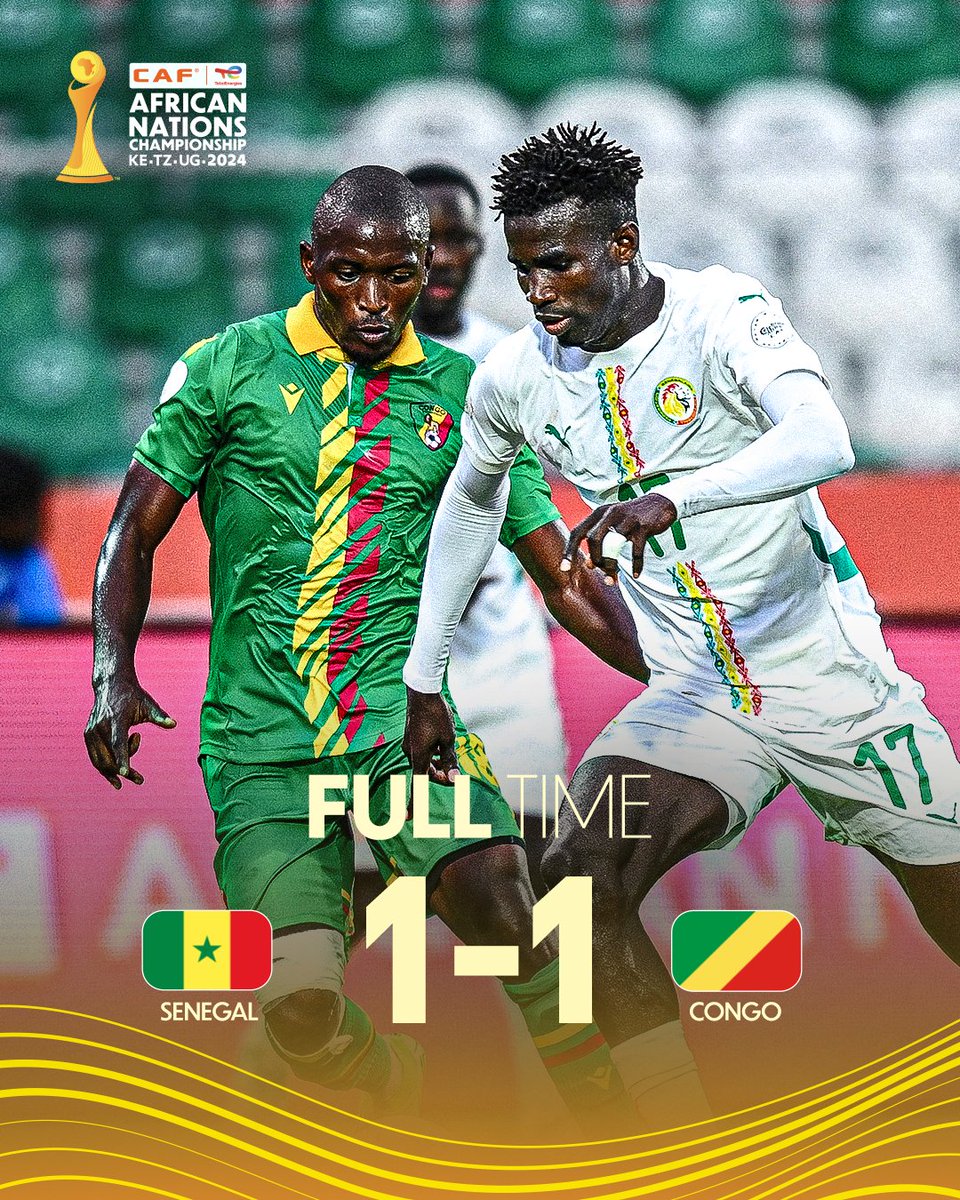 #TotalEnergiesCHAN2024 

FIN DU MATCH DE LA PREMIÈRE RENCONTRE DE  CE MARDI 12 AOÛT DANS LE GROUPE D;

SENEGAL 🇸🇳1-1🇨🇬CONGO BRAZZA

                     CLASSEMENT GROUPE D
                                         MJ.  GD. PT
1 SENEGAL.                  2.    +2.   4
2.CONGO