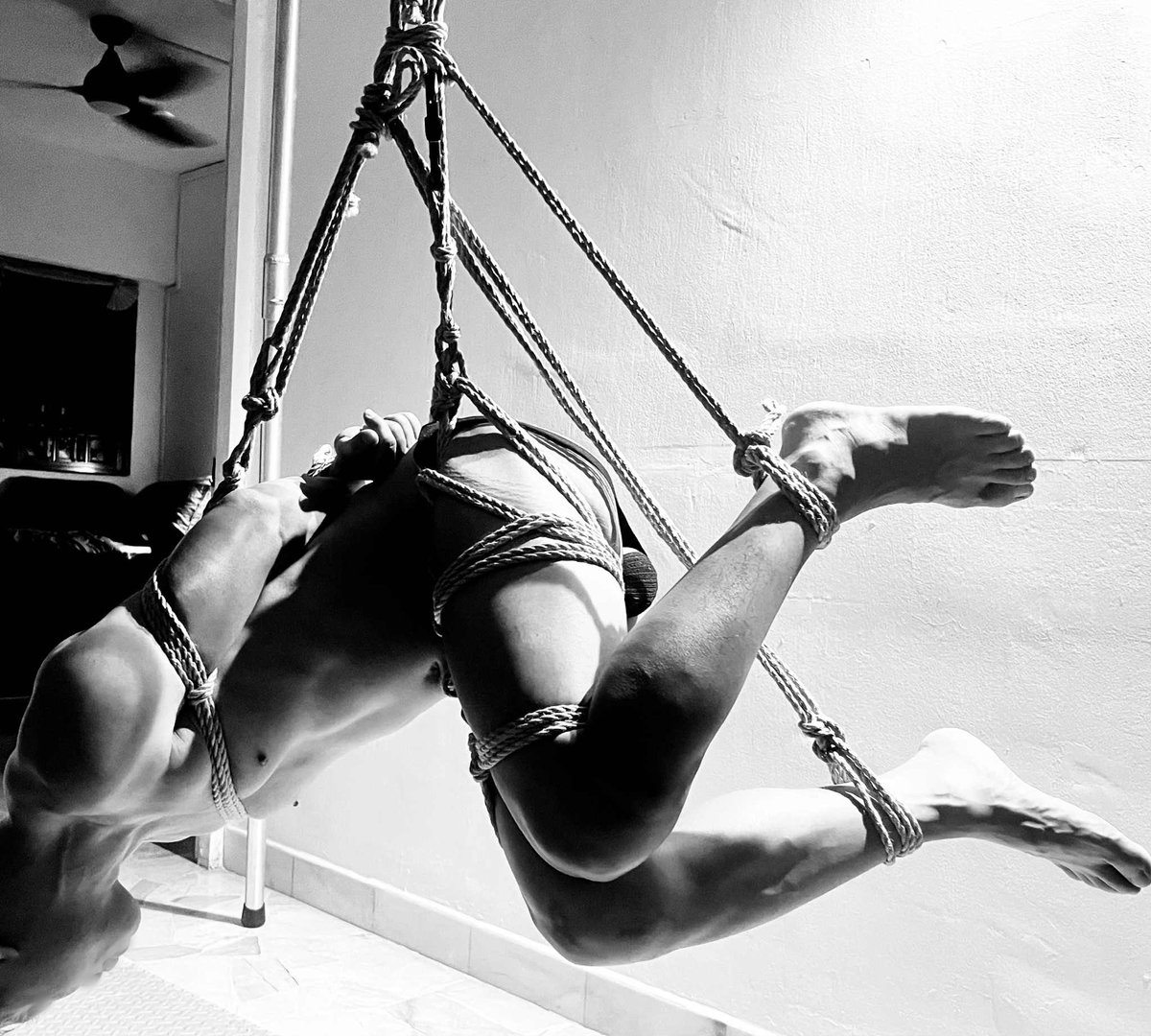 Strung up; helpless.