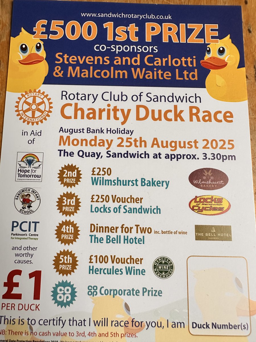 sandwichrotary's tweet image. It's nearly time for the annual Sandwich Rotary Duck Race. Tickets available from sellers in Sandwich.