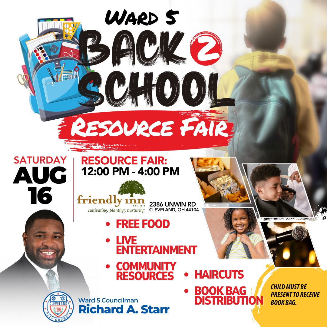 Join Councilman <a href="/R1chardStarr/">Council Member Richard A. Starr</a> for his annual Ward 5 Back to School Resource Fair. Join the fun as we prepare our scholars for the upcoming school year with haircuts and a book bag giveaway. The event will also have free food, live entertainment, and more!