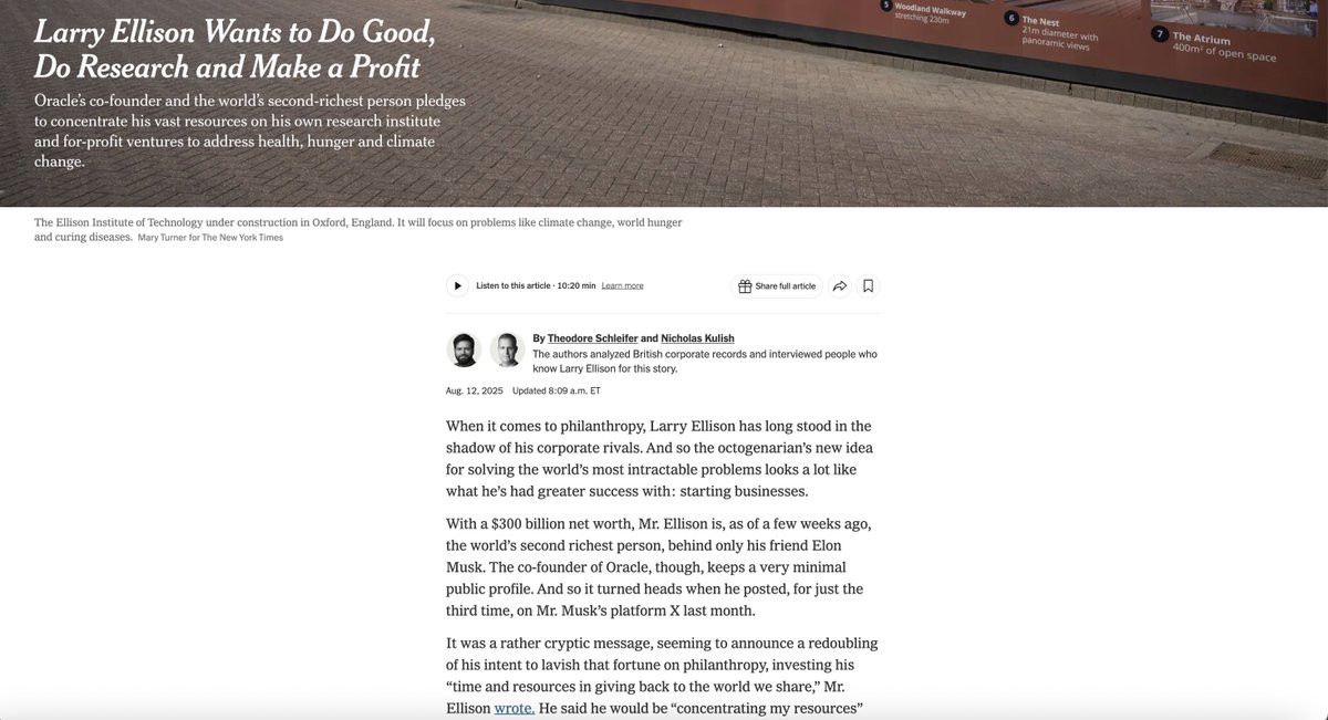 teddyschleifer's tweet image. NEW:

Larry Ellison is spending hundreds of millions of dollars on for-profit companies that he is calling his new charitable project.

Ellison is now worth almost $300 billion — and is building a massive Oxford corporate entity to spend his fortune.

Details with @nkulish.