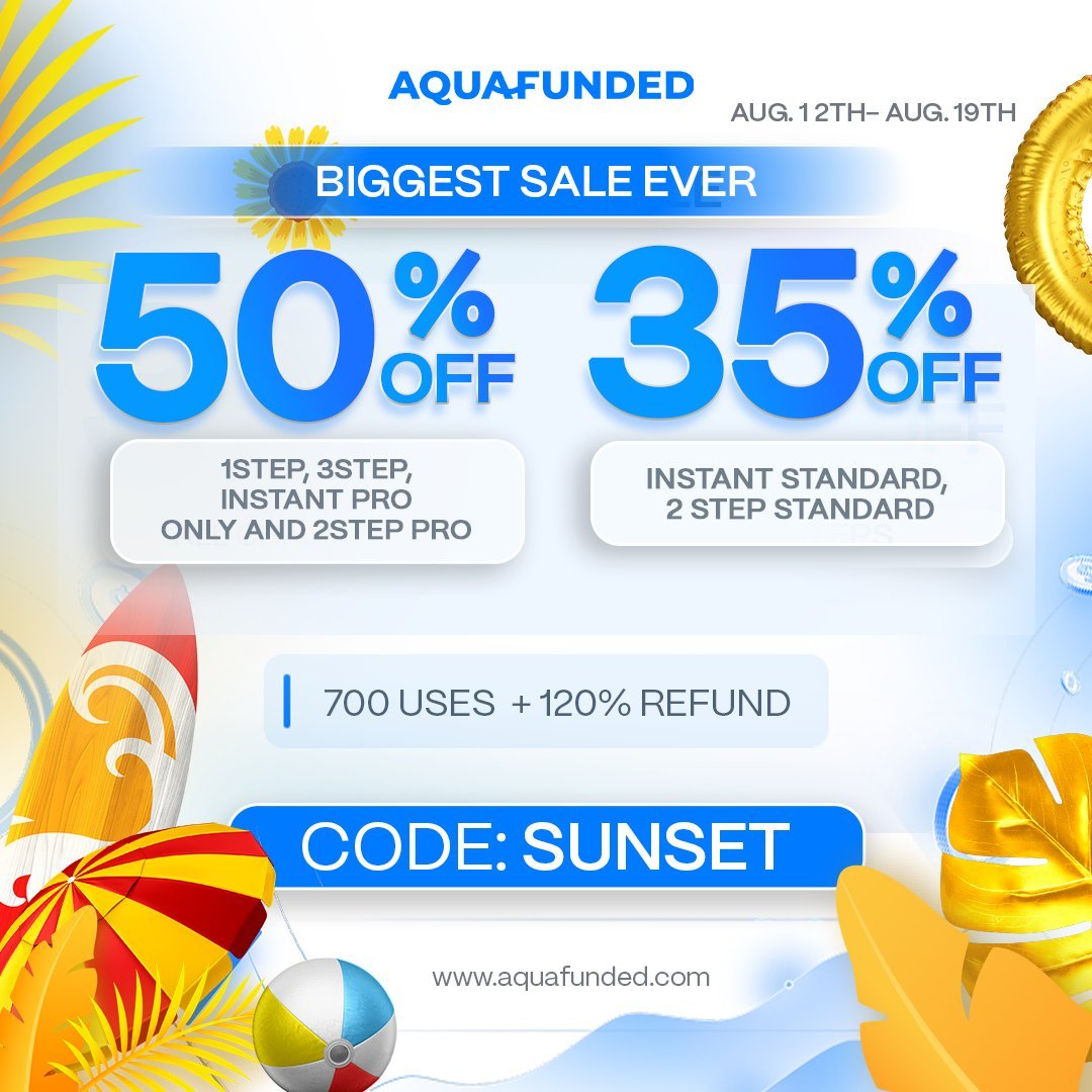 Happy Tuesday traders time to get the sunset walks in and beach vibes going  🌊 

☀️50% OFF Instant, 1 &amp; 3-Step and 2-Step Pro
☀️35% OFF on 2 step standard &amp; Instant standard 
☀️ 7 day payout &amp; 100% profit split addons available
☀️120% refund &amp; 700 uses only 

Get funded today