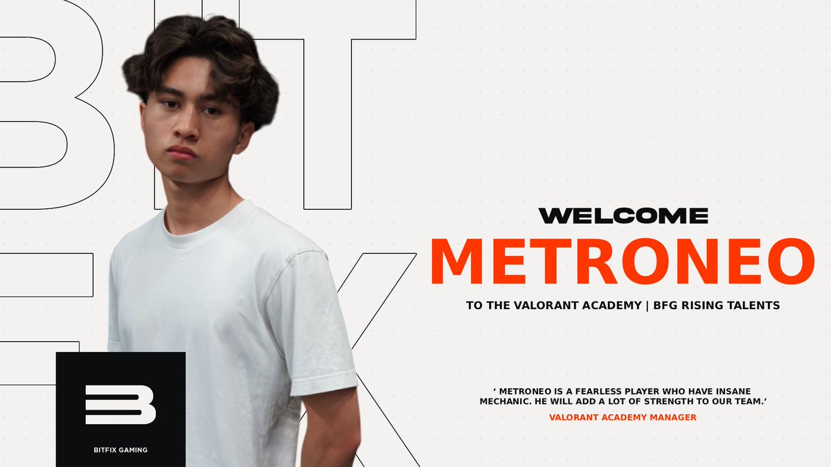 BitfixValorant's tweet image. ROSTER UPDATE | #VALORANT

Big firepower boost incoming. Welcome @metroneoVLR to BFG Rising Talents 👏

Fearless on the server, insane mechanics 💯

The rest of the league has been warned 😈

#BFGRT #VALORANT #RosterUpdate