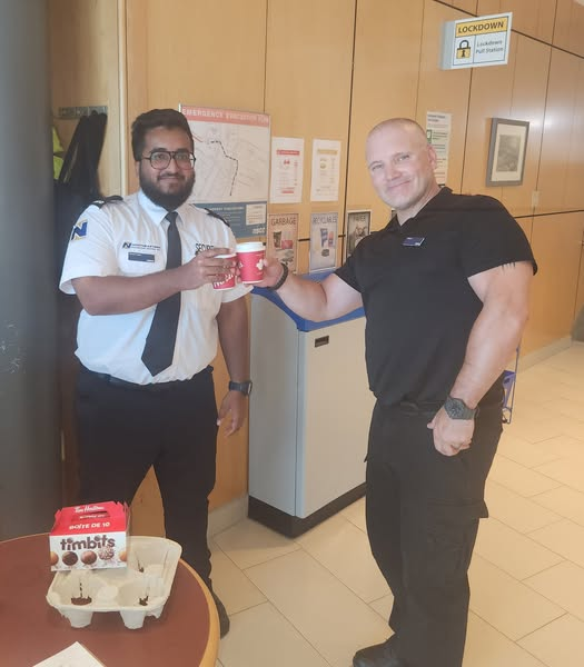 NortheasternPro's tweet photo. Roger Miller stopped by Truro to deliver security officer Gaurav and client representative Ed some fresh treats! Thanks for the work these folks are doing in this heat. #protectionpartners #teamwork https://t.co/swq6U82Aoo
