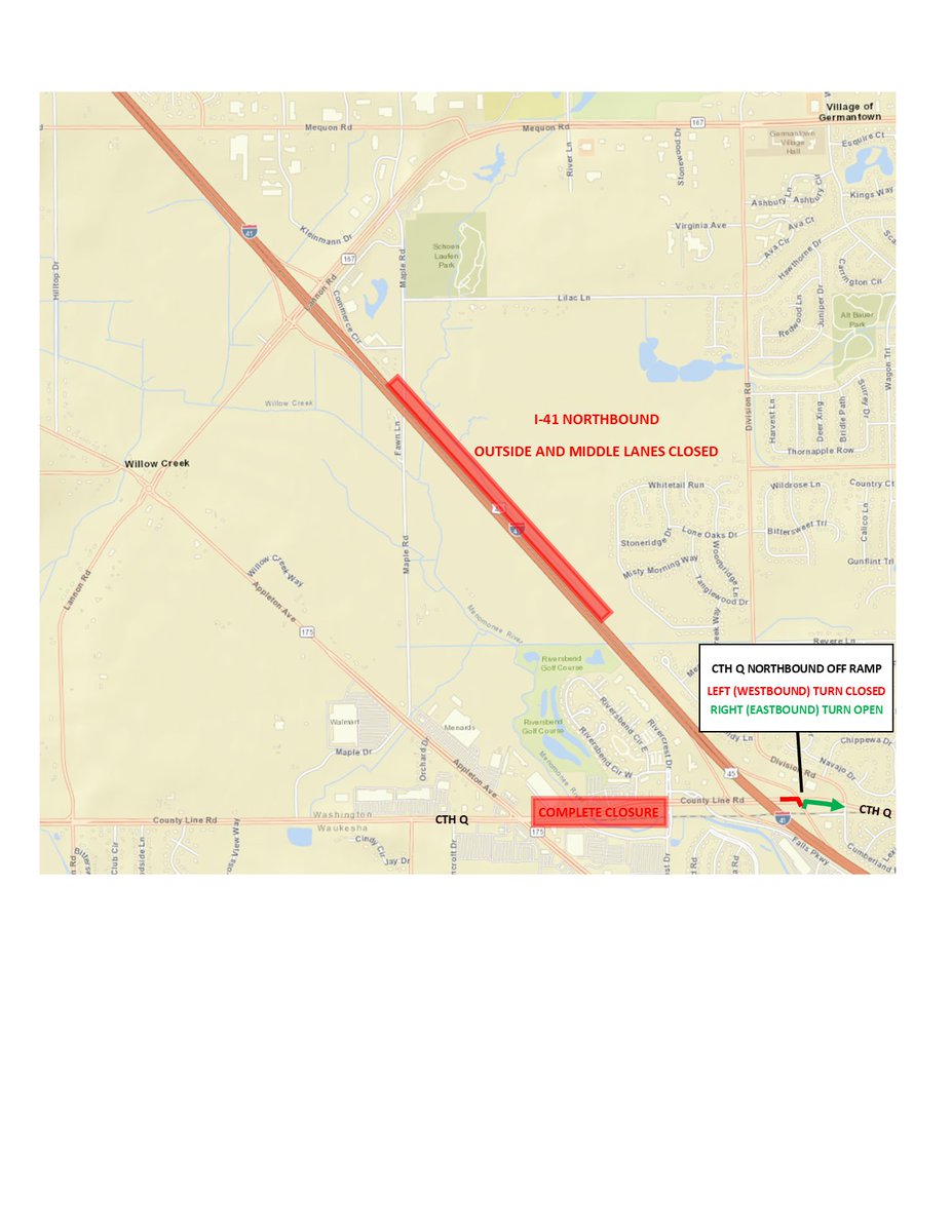 ⚠️HIGH WATER – ROAD UPDATE -as of Tuesday, August 12 at 11 a.m.

Interstate 41
The outside and middle lanes of I-41 northbound between County Highway Q (County Line Rd) and County Highway Y (Lannon Rd) in the Village of Germantown remain closed due to high water.  Northbound