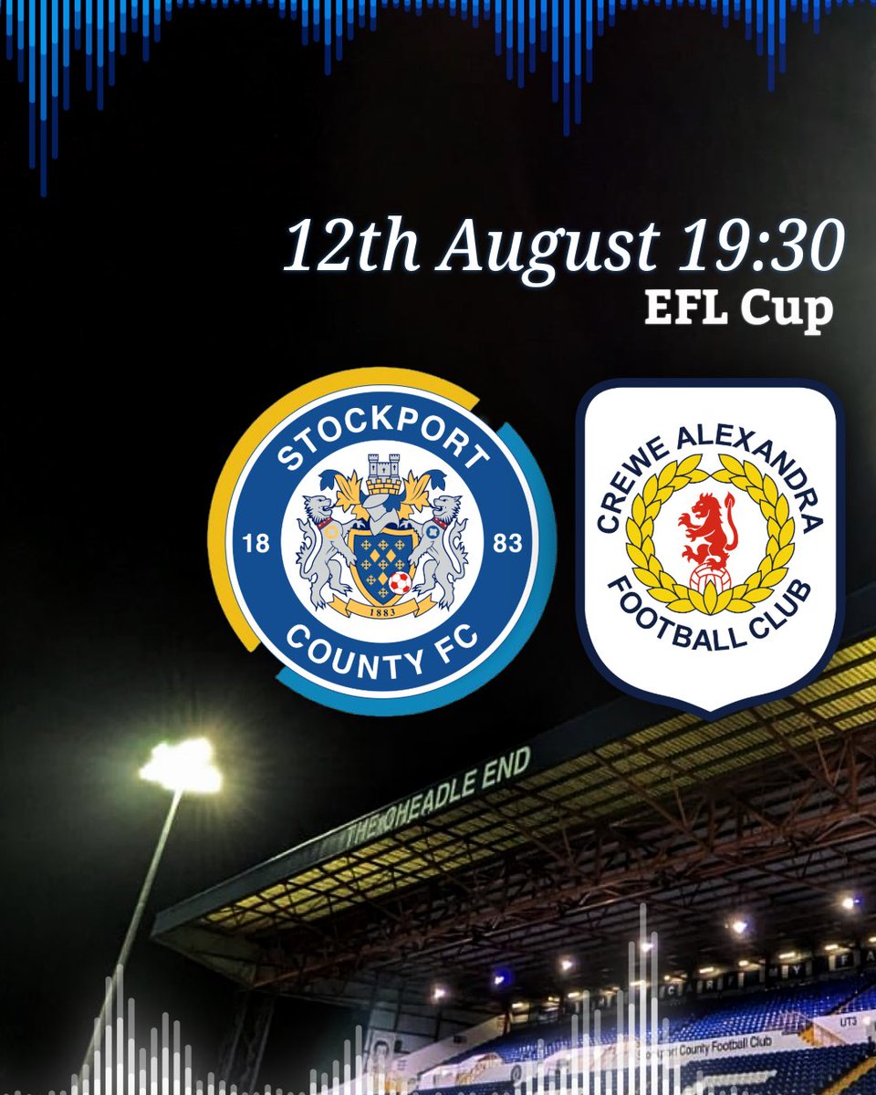 🌙 An evening kickoff awaits at Edgeley Park!

💙 <a href="/StockportCounty/">Stockport County</a> take on Crewe Alexandra in the EFL Cup!

🎙️On commentary duties tonight: <a href="/waterho5438/">Ian Waterhouse</a> &amp; <a href="/oor_wullie_77/">oor_wullie_main</a> 

🎧 To tune in to this FREE service, bring 3.5mm jack headphones and ask for a receiver!

#StockportCounty