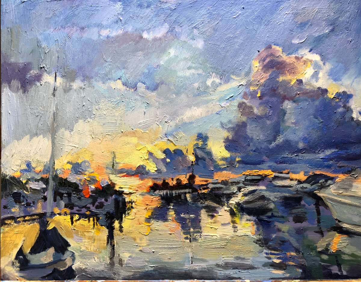 MonicaDixArtist's tweet photo. An oil painting on panel of Tampa Bay from the St. Pete Yacht Club. See it at the Artist Showcase this Saturday in Ave Maria, at The Secret Ingredient! https://t.co/irIdClXcyx