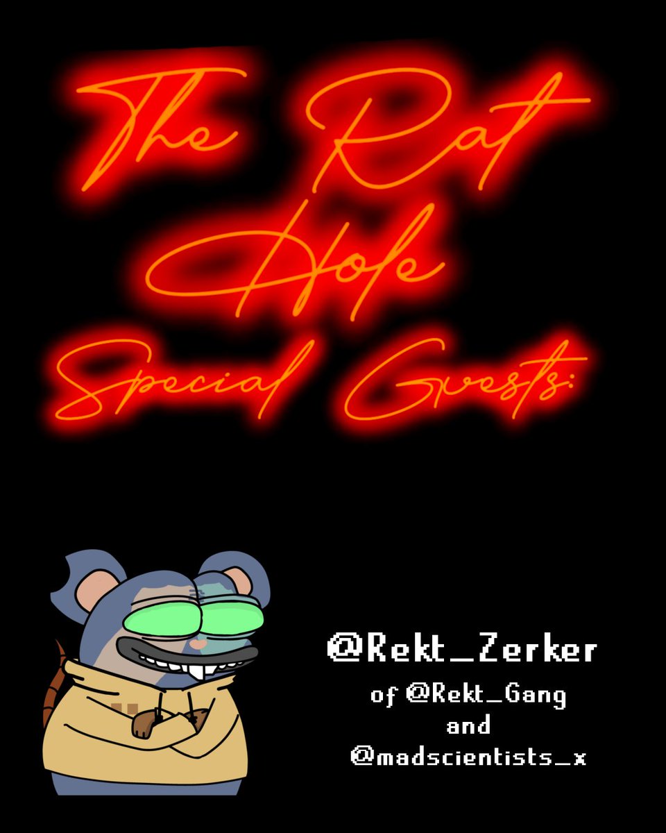 Cheese 🧀💊 (@cheesecoinx) on Twitter photo On episode 10 of The Rat Hole we'll be featuring The Multichain Maestro, <a href="/Rekt_Zerker/">Zerk</a> ! A head-down builder that's been elbow deep in <a href="/rekt_gang/">Rekt Gang</a> & <a href="/madscientists_x/">Mad Scientists 🧪</a>  
Join us tonight for a deep dive on what internal hurdles multichain projects overcome and battlling building in On episode 10 of The Rat Hole we'll be featuring The Multichain Maestro, <a href="/Rekt_Zerker/">Zerk</a> ! A head-down builder that's been elbow deep in <a href="/rekt_gang/">Rekt Gang</a> & <a href="/madscientists_x/">Mad Scientists 🧪</a>  
Join us tonight for a deep dive on what internal hurdles multichain projects overcome and battlling building in