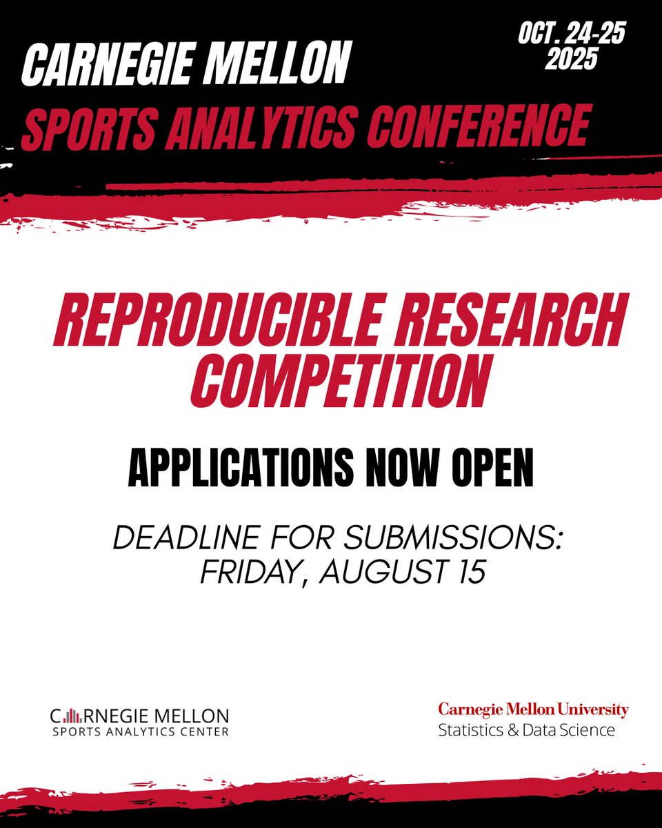 CMU_StatDS's tweet photo. Interested in presenting your research at the annual Carnegie Mellon #SportsAnalytics Conference on Oct 24-25? Consider entering our Reproducible Research Competition! Submit your abstract by Friday August 15th and compete for cash prizes!  https://t.co/9AhyoYxbdM https://t.co/2esmCHTZ2n