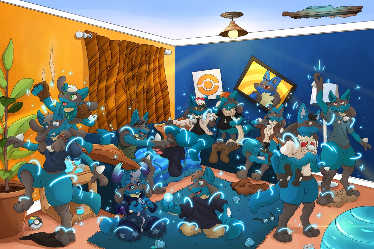 A mass Lucario outbreak has appeared! This was a huge but super fun artwork for <a href="/ZeeloKitten/">Zeelo</a> and company. Let the chaos ensue! #TFTuesday #transfur