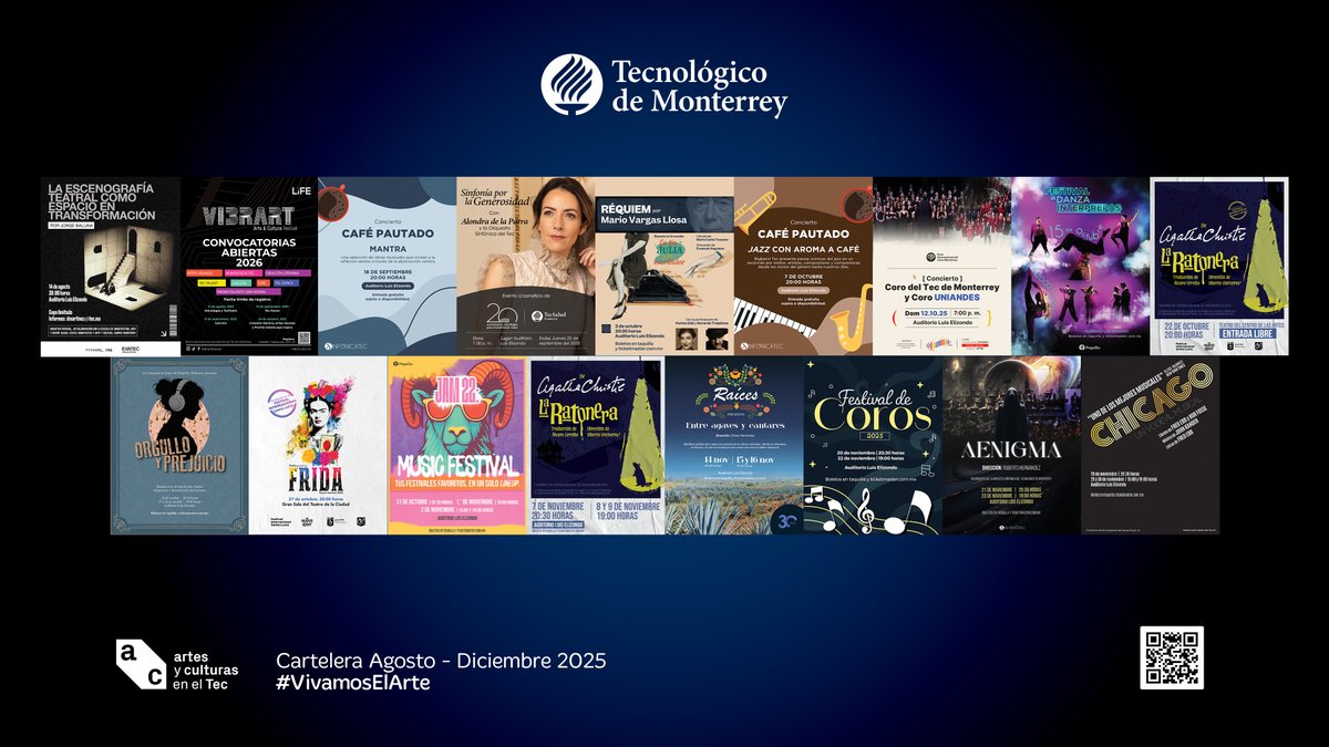 🎭✨ ¡Un nuevo semestre nos trae 17 producciones para disfrutar!

Te compartimos la cartelera completa para que vayas eligiendo tus favoritas. 
📍 Nos vemos en el Auditorio Luis Elizondo. 💙

#VivamosElArte #ArteyCultura #CampusMty
